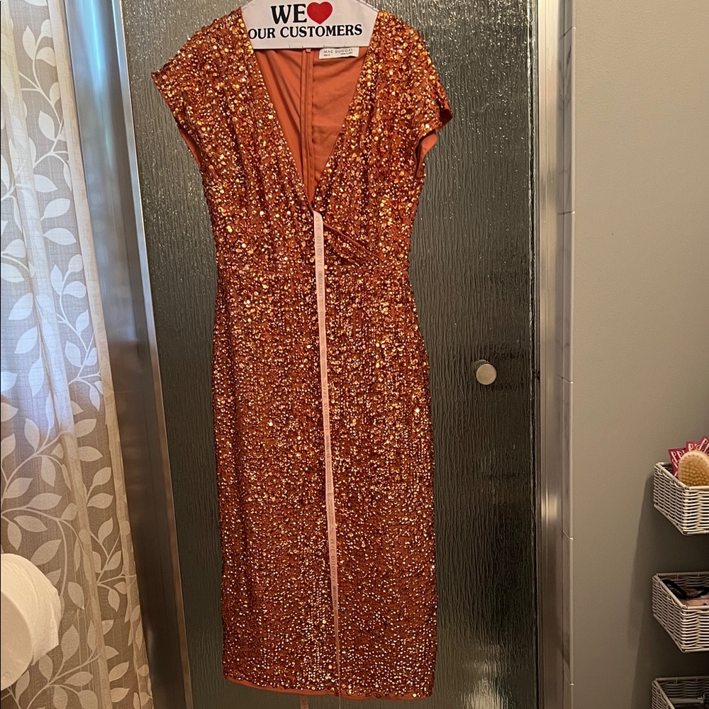 Mac Duggal Shimmering Orange Sequin Midi Dress